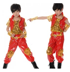 Red gold patchwork boys children baby toddlers kids child  modern dance school play t show jazz dance hip hop dance outfits costumes